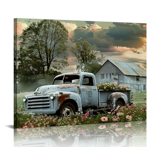 Fenyluxe Old Truck Canvas Prints for Farmhouse Wall Decor, Modern Farmhouse Country Scenery Print, Rustic Truck Loaded With Flowers Framed Artwork for Living Room 20x16in