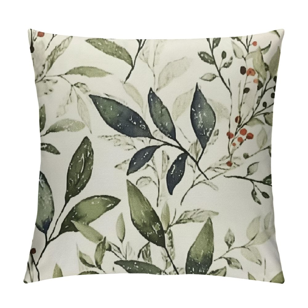 Fenyluxe Olive Leaf Pillow Covers,Square Decorative White and Green