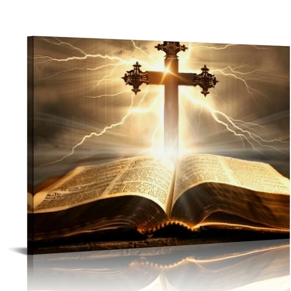 Fenyluxe Open Holy Bible with Wooden Cross Canvas Wall Art, Christian Decorations for Home, Mind Pray Picture Living Room Decor Bedroom Kitchen Decorative Painting 20x16in