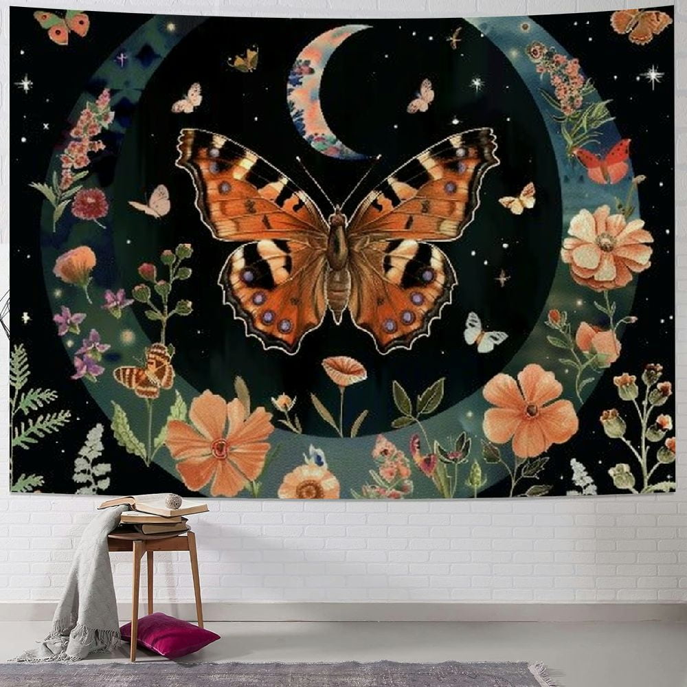 Fenyluxe Orange Butterfly Moon Flower Tapestry Boho Floral Plant