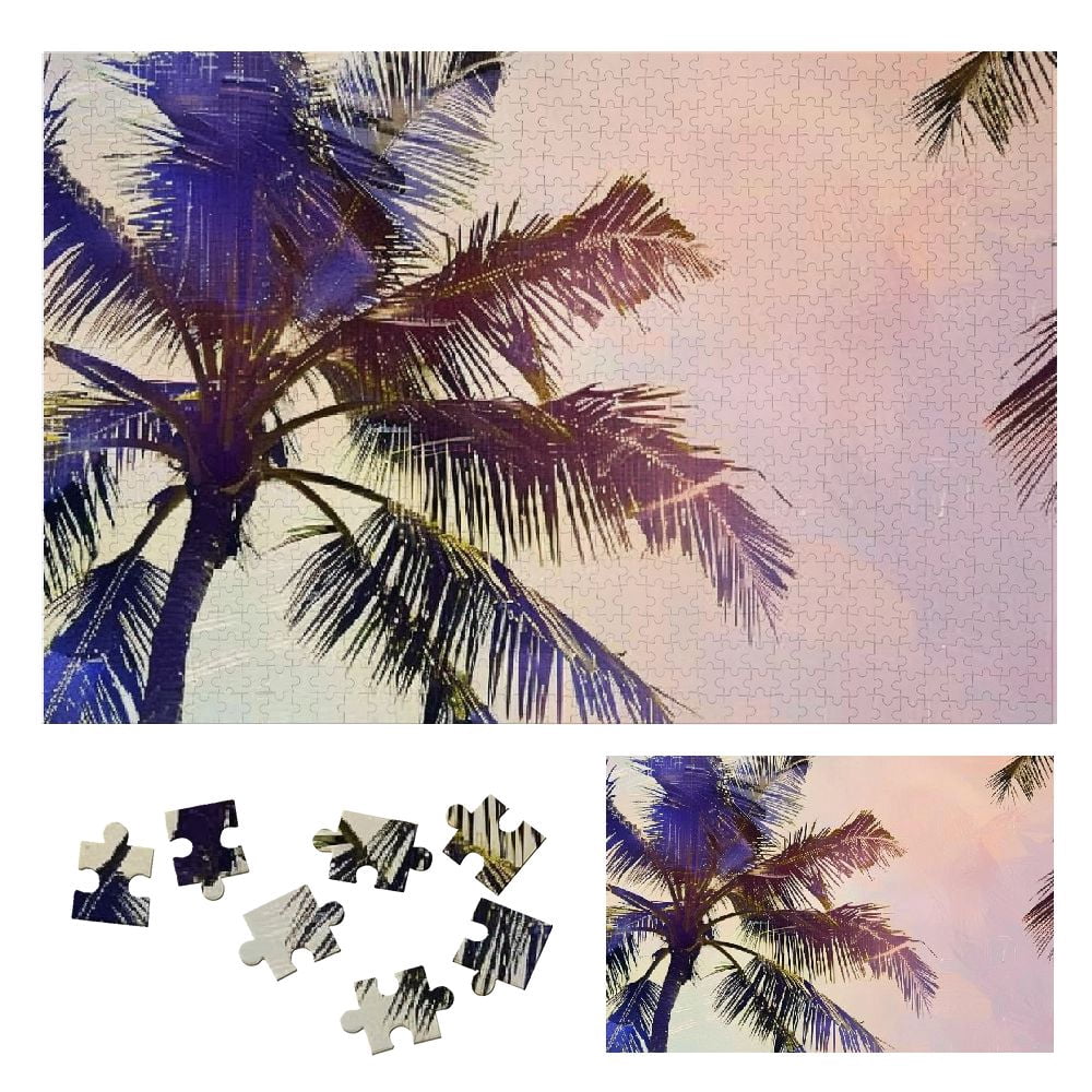 Fenyluxe Palm Tree Sunset Wooden Jigsaw Puzzle Unique Shapes Challenging Wood Puzzles for Adults ...