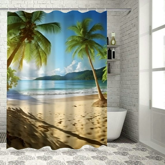 Fenyluxe Palm Trees Ocean Pretty Shower Curtain Bathroom Decor 100% Polyester Washable Shower Curtain Set with Hooks 60x72