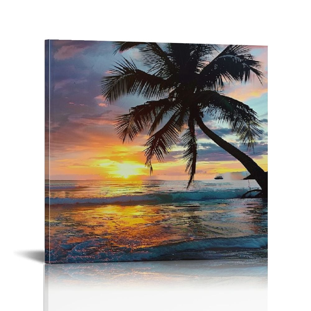 Fenyluxe Palm Trees Sunset Boat Wall Art Print on Canvas Ready to Hang ...