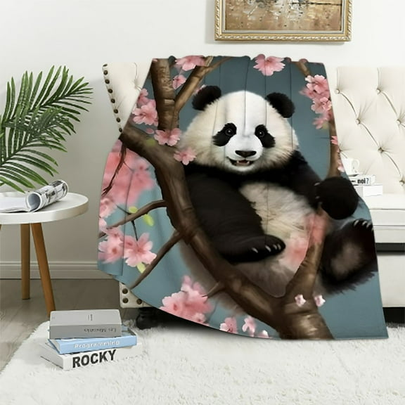 Fenyluxe Panda Bear Flowers Branch Gifts Blanket Super Soft Flannel for Bed Sofa All Seasons Decor 40x50in