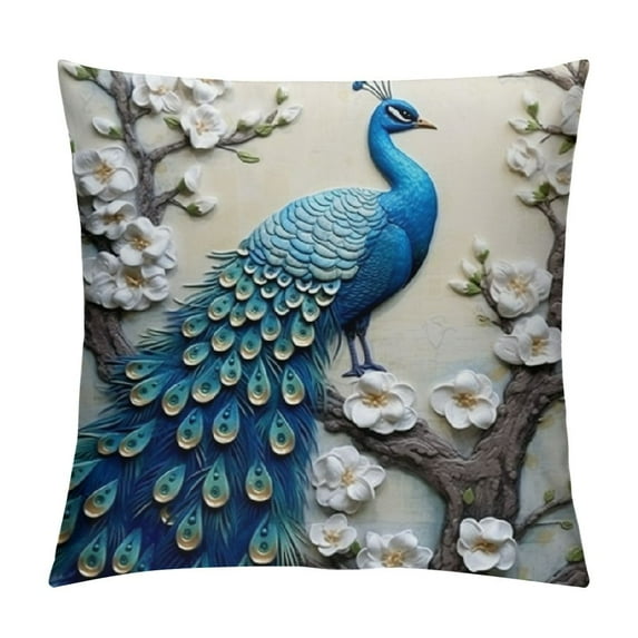 Fenyluxe Peacock Branch White Flowers Butterflies Fashion Style Dirt-Resistant Throw Pillow Covers for Couch Sofa Bed Living Room Bedroom Pillow Covers Square 1PC 24x24in