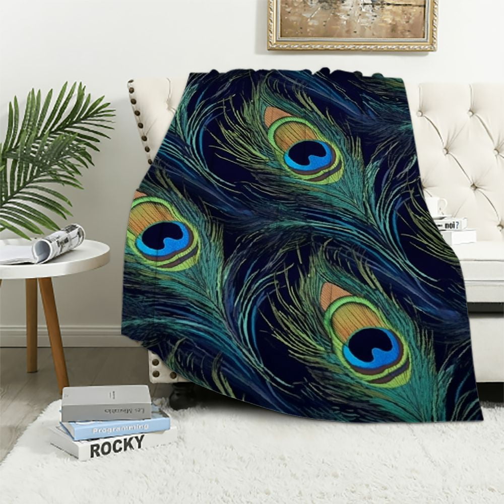 Fenyluxe Peacock Feathers Colorful Blanket Lightweight Soft Cozy Warm