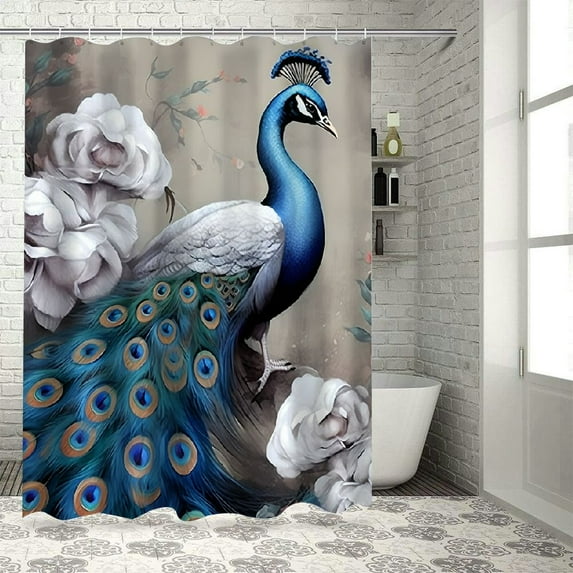Fenyluxe Peacock Flowers Art Deco Pretty Bathroom Shower Curtain Set with Hooks, Sustainable Polyester Fiber Fabric, Chic Modern Design, Various Sizes 60x72