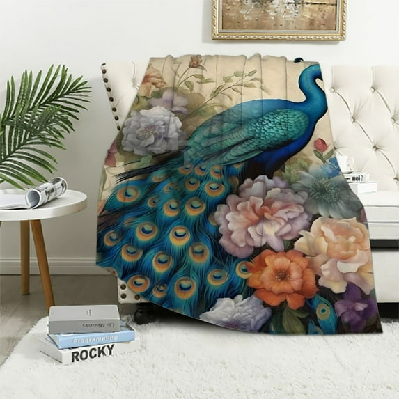 Fenyluxe Peacock Flowers Butterfly Gifts Blanket Super Soft Flannel Blanket for Bed Sofa All Seasons Decor Excellent Hand Feel 60x80in