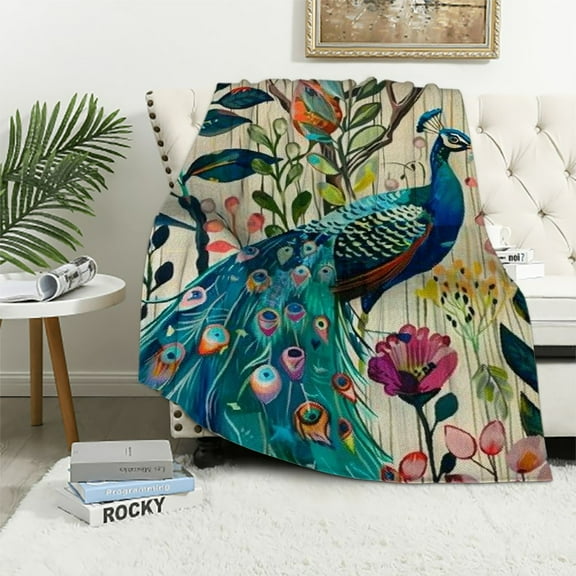 Fenyluxe Peacock Flowers Leaves Flannel Throw Blanket for Sofa Couch Cottagecore Room Decor All Seasons Gift 40x50in