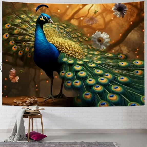 Fenyluxe - Peacock Wall Art Golden Feathers Flower Modern Picture Wall Decor Print on Canvas Frame for Living Room Home Decor Gallery 50x40inch