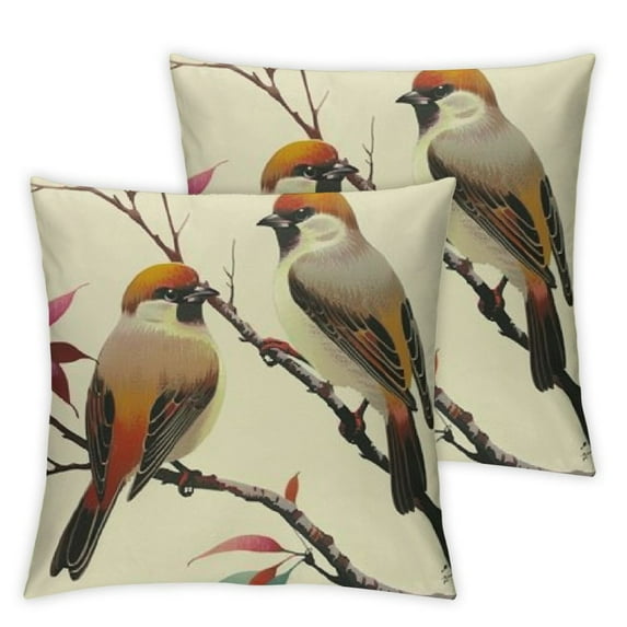Fenyluxe Pillow Cover Watercolor Original Nature Painting Passer Sparrows On Branch Animals Conversation Wildlife Season Soft Decorative Square Throw Pillow Cover 2pcs for Couch car Decoration White