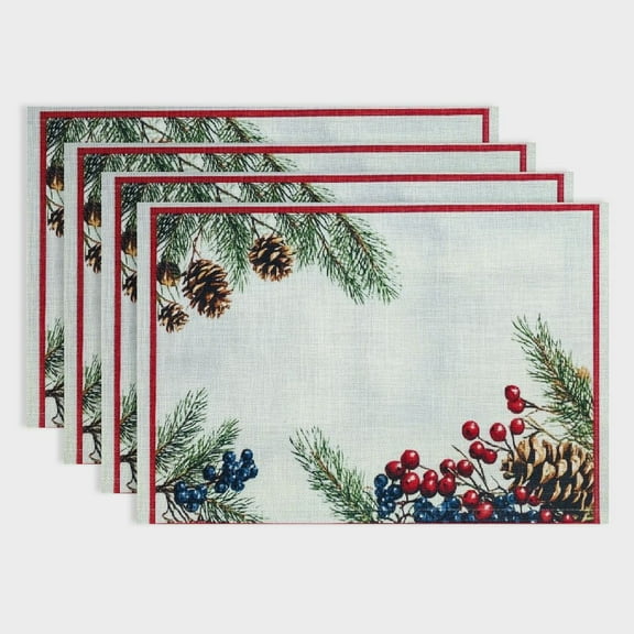 Fenyluxe Pine Berry Provence Christmas Placemats, French Country Holiday Pine Needles and Berries Stain Resistant Easy Care Placemats, Set of 4 Placemat 18x12in