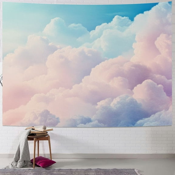 Fenyluxe Pink and Blue Tapestry for Teen Girls Bedroom Aesthetic, Light Pink Clouds Sky Rainbow Pastel Ceiling Tapestries Wall Hanging for College Dorm Living Room Cute Girly Decor 60x50inch
