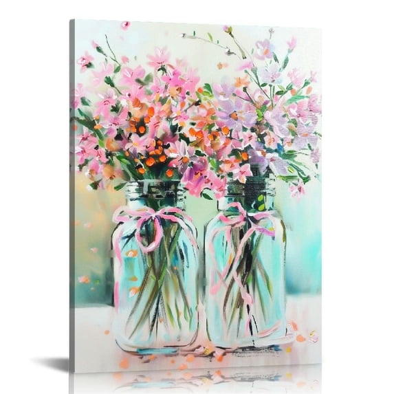 Fenyluxe Pink Flowers Canvas Wall Art: Abstract Bouquet in Vase Artwork Prints for Teen Girl Bedroom Pink Floral Picture Poster Bathroom Decor 12x16 in