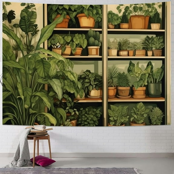 Fenyluxe  Plant Tapestry, Green Botanical Tapestry Wall Hanging, Vintage Plants Wood Shelf Tapestries for Bedroom Window Classroom Living Room Cottagecore Potted Plant Photo Backdrop 40x30inch