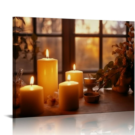 Fenyluxe Print On Canvas Candles Table Window Wall Art Decor Ready To Hang for Home Bathroom 16x12in