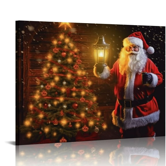 Fenyluxe Print On Canvas Santa Clause Christmas Tree Lantern Wall Art Home Decor Ready To Hang Room Decorations 16x12in