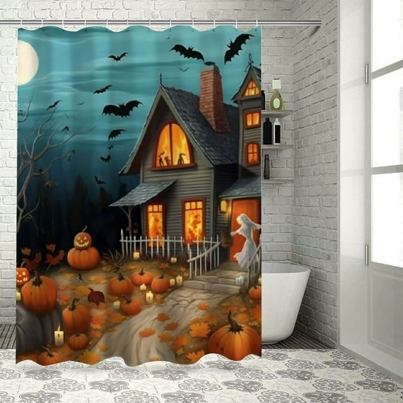 Fenyluxe Pumpkins Ghost Polyester Shower Curtain with Hooks, Halloween Bathroom Decor, Waterproof Fabric Shower Curtain for Bathroom Decoration, Various Sizes 36"x72