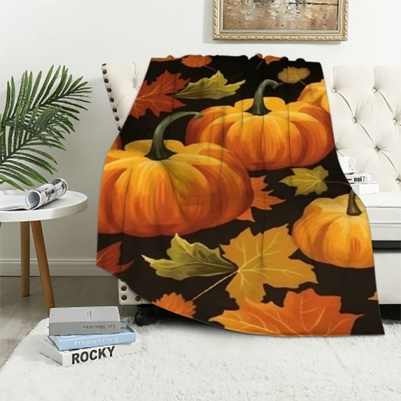 Fenyluxe Pumpkins Leaves Harvest Print Throw Blanket Lightweight Cozy All Seasons Blanket for Bed Couch Car Kids Adults 60x80in