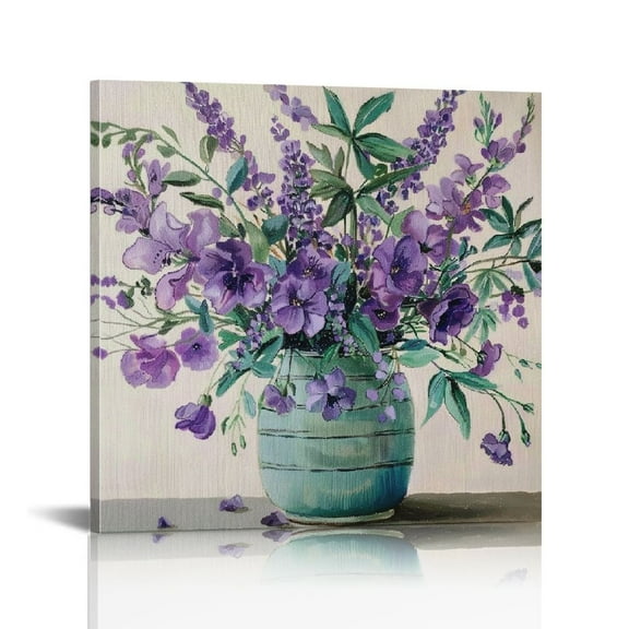Fenyluxe Purple Flowers Green Leaves Canvas Wall Art Prints Ready To Hang 12x12in