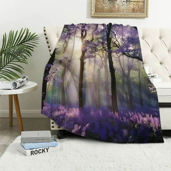 Fenyluxe Purple Flowers Trees Sunlight Print Throw Blanket Flannel All Seasons Soft Plush Blanket Gifts 50x60in