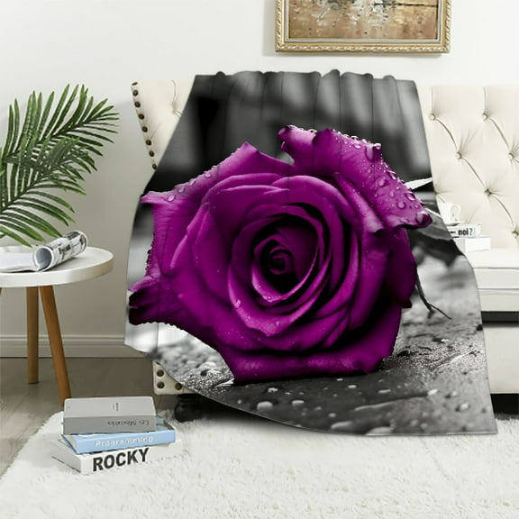 Fenyluxe Purple Rose Print Throw Blanket Lightweight Soft Blanket for All Seasons - Bed Sofa Living Room Decor 40x50in