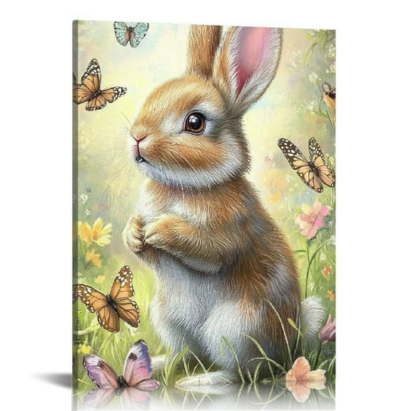 Fenyluxe  Rabbit Canvas Wall Art Cute Rabbit Picture Wall Decor Bunny with Flowers Painting Easter Printable for Kids Room 12x16in