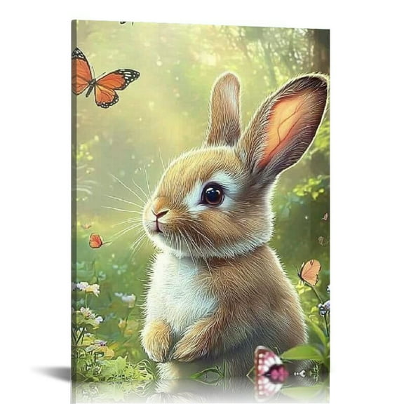 Fenyluxe  Rabbit Canvas Wall Art Cute Rabbit Picture Wall Decor Bunny with Flowers Painting Easter Printable for Kids Room 12x16in
