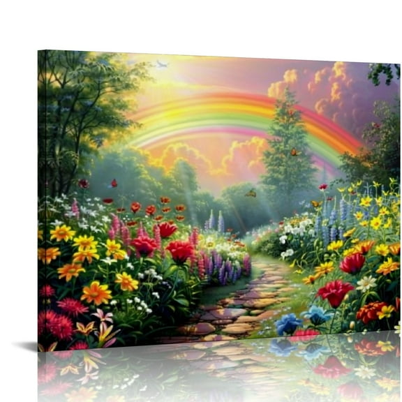 Fenyluxe Rainbow Flowers Garden Canvas Wall Decor for Home Living Room Bedroom Kitchen Bathroom Office Salon Bar Mediation Decor, Ready To Hang Art Print 16x12in