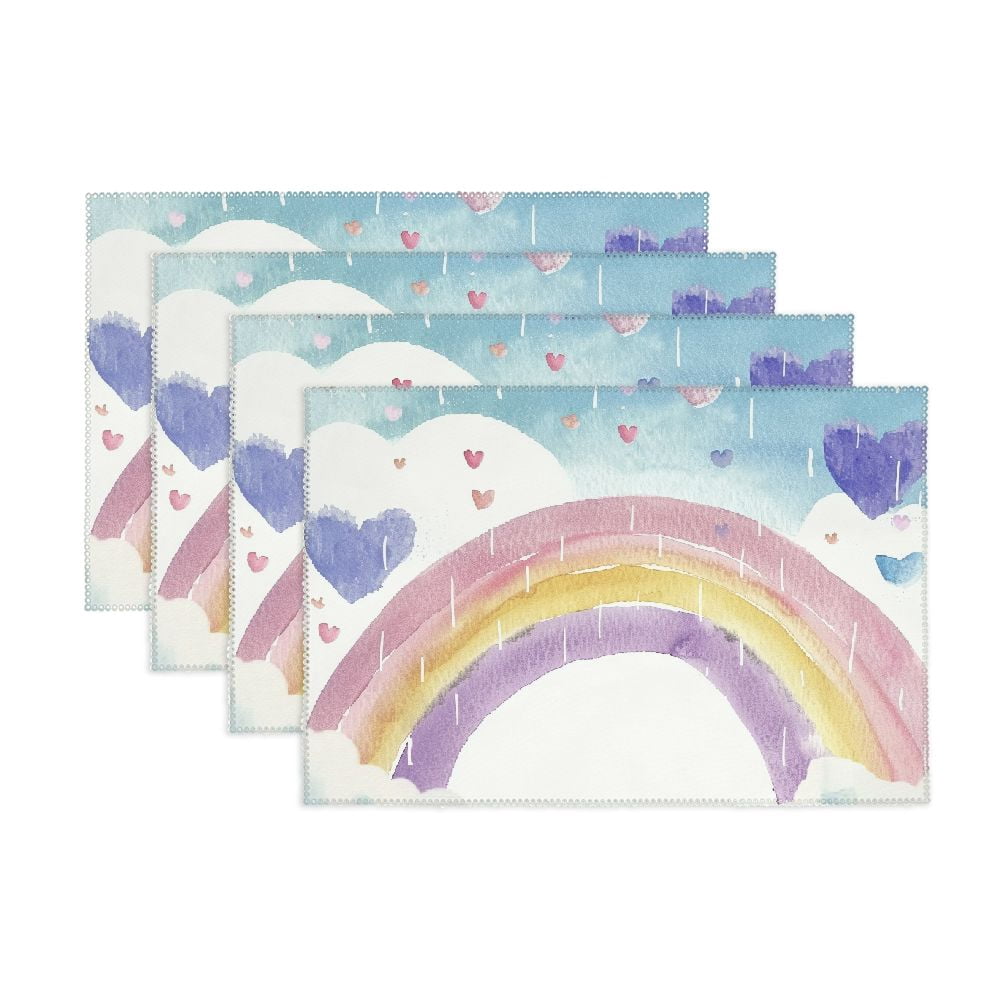 Fenyluxe Rainbow Hearts Clouds Fabric Placemats Set of 4, Washable
