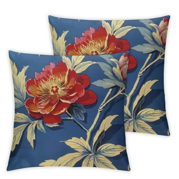 Fenyluxe Red and Blue Chinoiserie Floral Peony Sofa Pillow Cover Watercolor Navy Blue Red Flower Euro Sham Pillow Chinoiserie Chic Pillows Home Decorative Throw Pillow for Chair 2pcs White