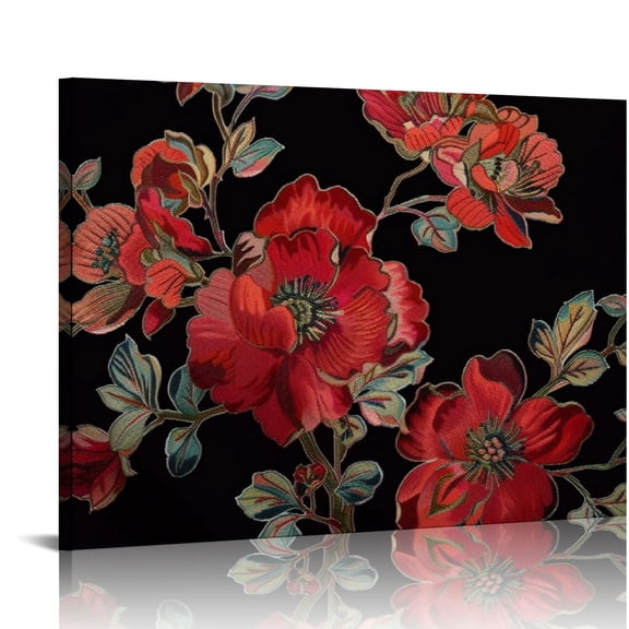 Fenyluxe Red Flower Canvas Wall Print Wooden Framed Art Decor 20x16x0.75in