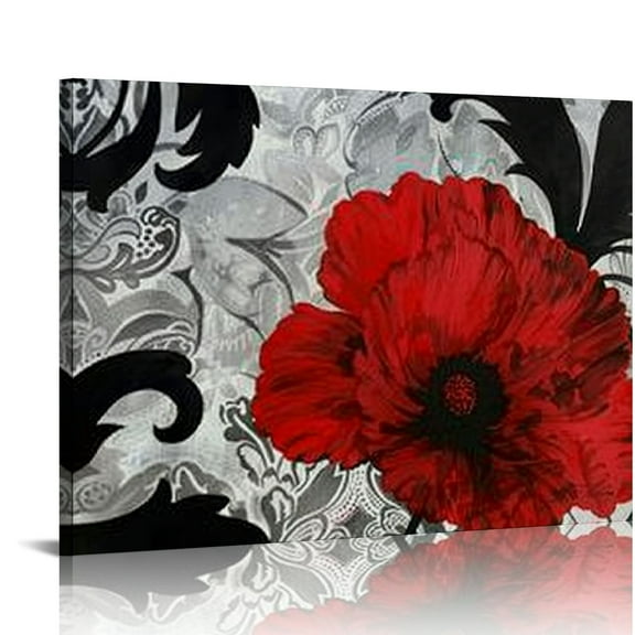 Fenyluxe Red Flower Damask Pattern Print On Canvas Wall Decor Ready To Hang - Ideal for Home Art Decor 16x12in