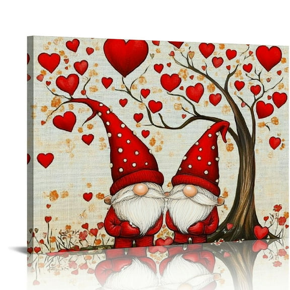 Fenyluxe Red Gnomes Wall Art for Living Room/Bedroom, Canvas Bathroom Decor Wall Art Kitchen Office Wood Oil Painting Picture, Valentine's Day Saint Love-Tree Spring Rose Flower 20x16in