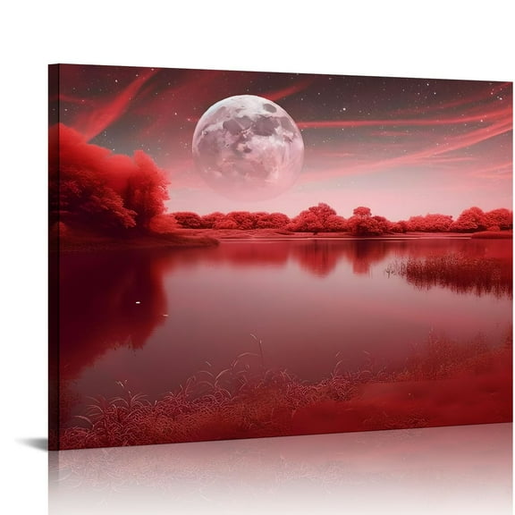 Fenyluxe Red Lake and Red Landscape of Trees Under Starry Sky Canvas Art Modern Prints Wall Decor for Bathroom 16x12in