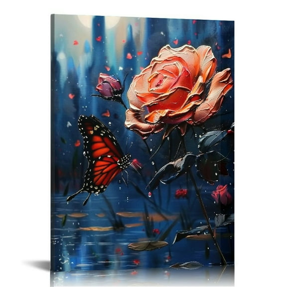 Fenyluxe Red Rose Wall Art Paintings Flower Prints Pictures Wall Decor Blue Butterfly and Red Roses Oil Painting Modern Flowers Canvas Painting Artwork for Bathroom Bedroom Home Decor 12x16 in