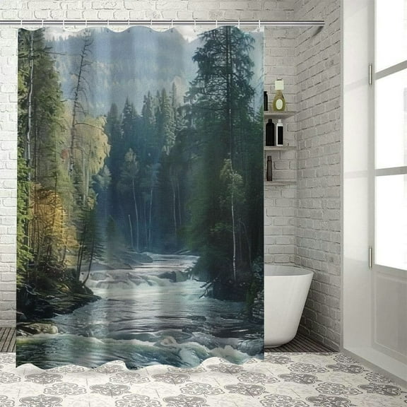 Fenyluxe River Trees Mountain Shower Curtain for Chic Elegant Home Bathtubs Bathroom Decor with Hooks Washable Polyester Fabric 36"x72