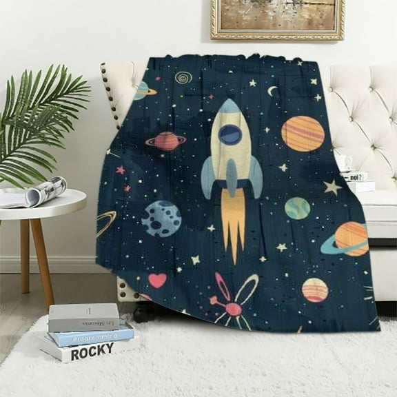 Fenyluxe Rocket Ship Stars Planets Soft Throw Blankets Flannel Bed Throw Cozy Lightweight Plush Gifts for All Seasons (Pack of 1), Size: Standard 40x50in