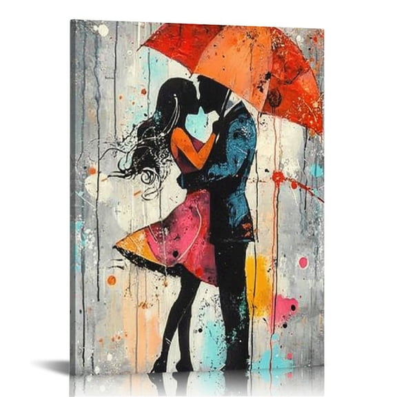 Fenyluxe   Romantic Couple Wall Art Dancing Under Red Umbrella Canvas Valentine's Day Gifts Paintings Rain Lover Artwork Prints for Home Couple's Room Decor Ready to Hang 16x20 in