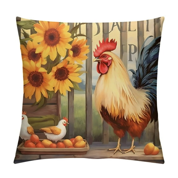 Fenyluxe Rooster Sunflowers Folk Art Modern Farmhouse Decorative Couch Pillow Cases Short Plush 1PC 20x20in