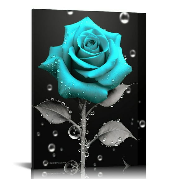 Fenyluxe Rose Flower Painting Print Bathroom Decor Wall Art Teal Rose Poster Print Abstract Black and White Pictures Rustic Turquoise Blue Rose Painting Modern Painting for Decor (16x20 in/12x16 in)