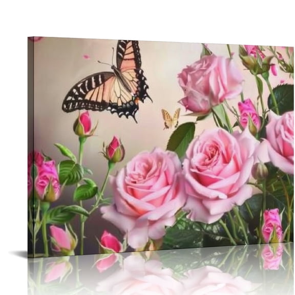 Fenyluxe Roses Butterfly Canvas Wall Art Framed Print for Home Decor 16x12x0.75in