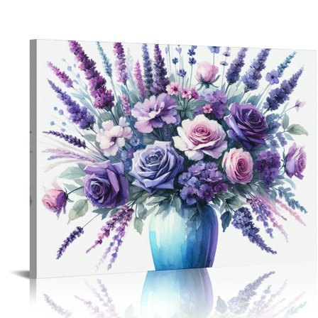 Fenyluxe Roses Lavender Flowers Canvas Wall Art Decor Ready To Hang - Ideal for Home, Living Room, Office, and More 16x12in