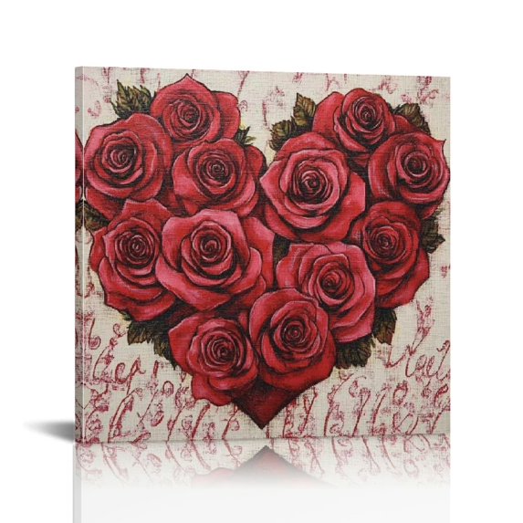 Fenyluxe Roses Love Heart Ready to Hang Room Home Art Decor Print on Canvas Framed Wall Art Gift Idea for Wedding Anniversary Christmas Mother's Day Valentine's Day 16x16in