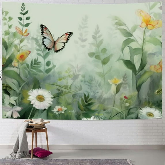 Fenyluxe Sage Green Leaves Tapestry Eucalyptus Leaf Botanical Plant Vintage Daisy Flowers Butterfly Floral Tapestries Simple Cottagecore Aesthetic Tapestry Wall Hanging Living Room 60x50inch