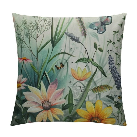 Fenyluxe Sage Green Spring Floral Pillow Covers Watercolor Leaf Flower Butterfly Dragonfly Print Decorative Throw Pillow Cases Outdoor Summer Farmhouse Decor for Sofa Couch Bed 12x12in