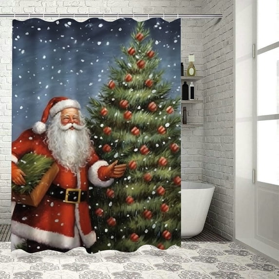 Fenyluxe Santa Christmas Tree Snow Print Shower Curtain for Showers and Bathtubs, 100% Polyester Fabric Bathroom Decoration with Hooks 69x72