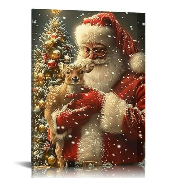 Fenyluxe Santa Claus Deer Christmas Tree Canvas Prints Wall Art Home Decoration - Perfect Gift for Home, Living Room, Bedroom, Office 12x16in