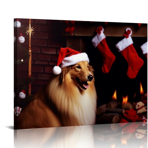 Fenyluxe Santa Hat Christmas Tree Fireplace Canvas Prints Wall Art Ready to Hang Room Home Decor 20x16in