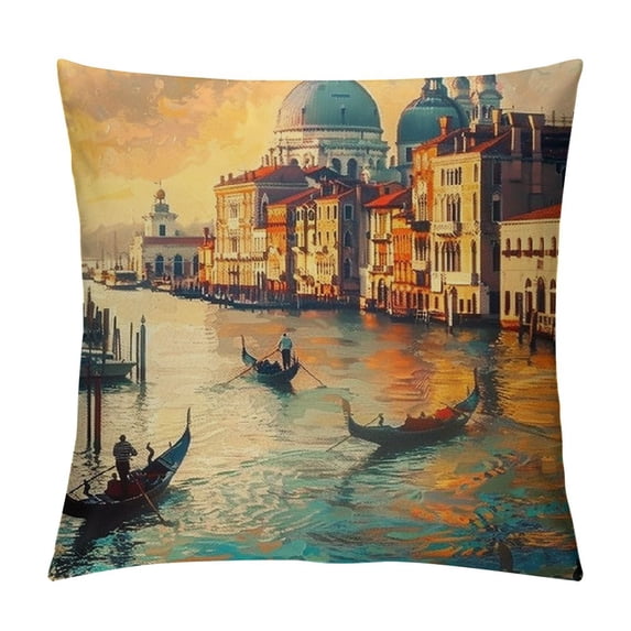 Fenyluxe Scenery Throw Pillow Cushion Cover, Venezia City Italian Landscape with Old Houses Gondollas and Spikes Image, Decorative Square Accent Pillow Case, White